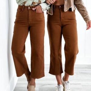 Judy Blue High Waist Tummy Control Wide Leg Cropped Jeans Camel Brown Pant 32 15